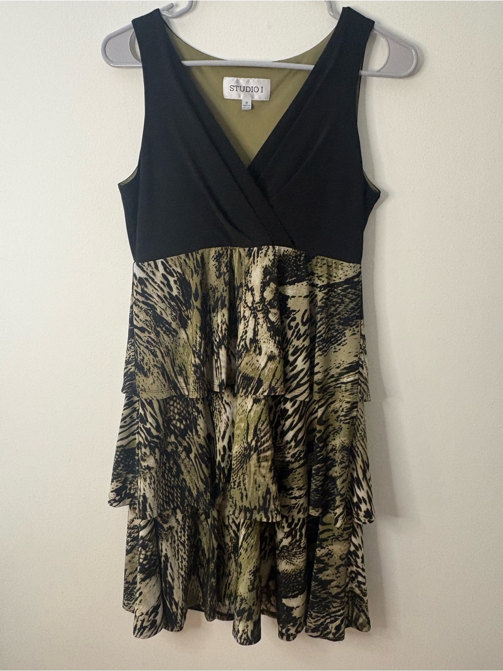 Studio I Black & Olive Animal-Print Tiered V-Neck Dress